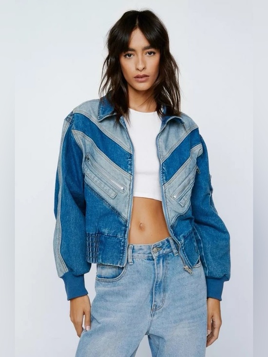 Nasty Gal Jackets & Blazers - Nasty Gal Chevron Patchwork Denim Bomber Jean Jacket Medium